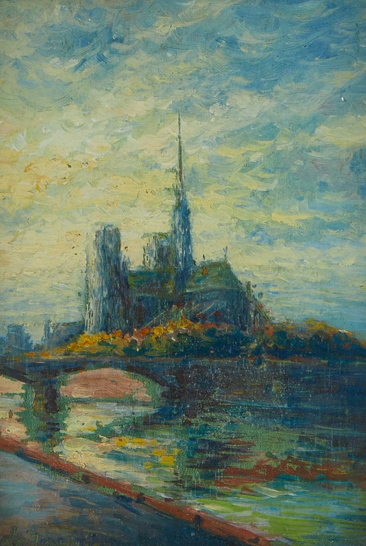 Impressionist Oil Painting of Notre Dame: Illegibly signed oil on board painting of Notre Dame. Inscribed in French along the backing. Unframed; Height: 6 1/4 in x width: 5 in. Framed; Height: 8 in x width: 6 3/4 in.