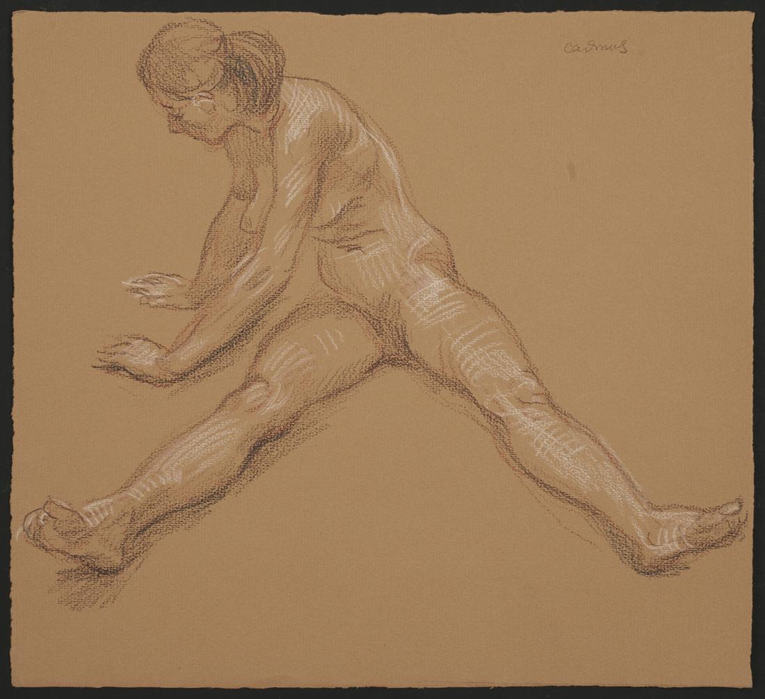 Paul Cadmus Stretching Female Nude Crayon on Paper: Paul Cadmus (American, 1904-1999). Three color crayon on paper drawing depicting a nude female stretching. Signed along the upper right. Provenance: Estate of Paul Cadmus; The collection of Jon Anders