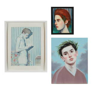 3 Kris Knight Paintings: Kris Knight (Canadian, b. 1980). Group of three paintings including:Oil on prepared cotton paper titled "The Shadow of the Puer," 2015.Oil on canvas painting titled "Glory," 2013.