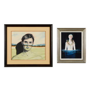 2 Kris Knight Oil on Paper Paintings: Kris Knight (Canadian, b. 1980). Group of two oil on paper paintings including:One painting titled "Lake Ekie (Pinky)," depicting a young man rising from a dark pool of water, 2011.One paint