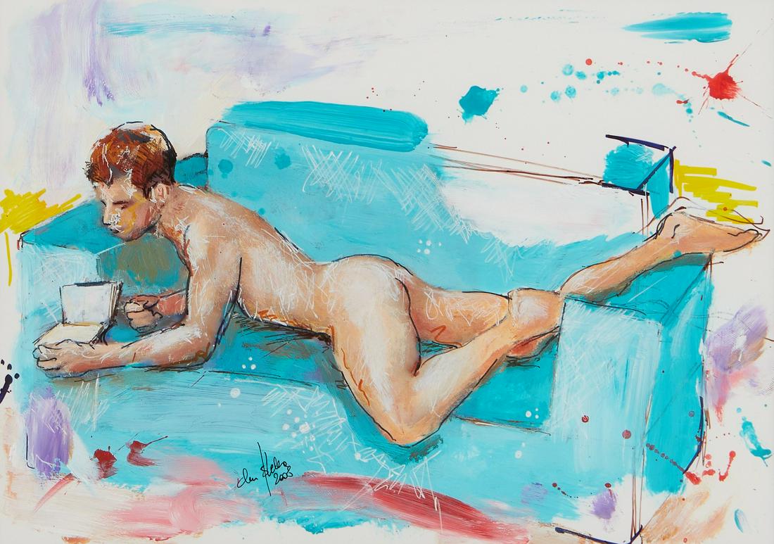 Illegibly Signed Mixed Media Nude Figure: Mixed media on paper painting in ink and acrylic depicting a nude male lounging on a bright blue couch. Illegibly signed and dated 2009 along the lower center. Sight; height: 8 in x width: 11 in. Fram