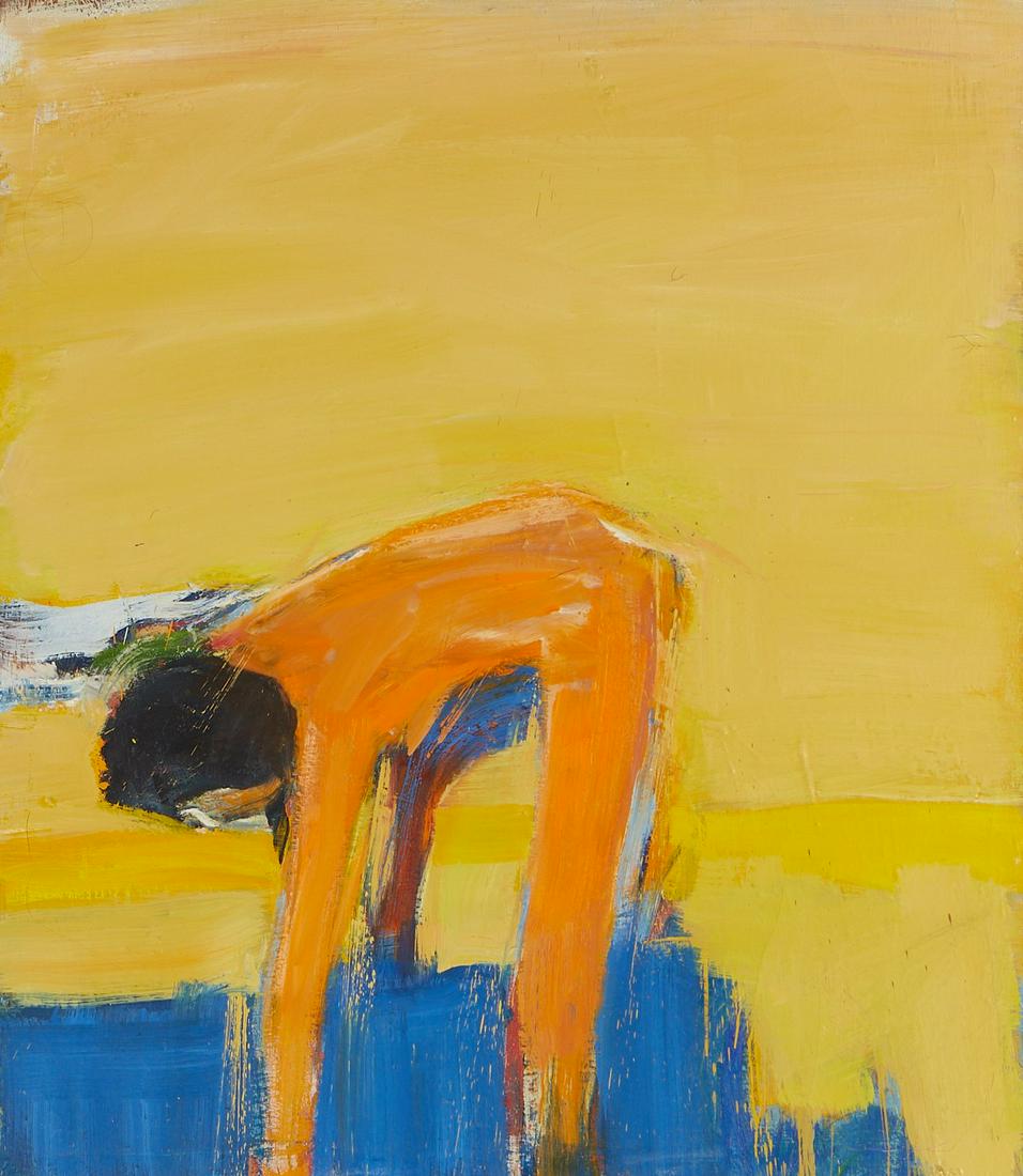 Richard Haas Figure Bathing Oil on Canvas 1960s: Richard Haas (b. 1936). Large oil on canvas painting depicting a nude figure bathing against a yellow background, ca. early 1960s. The work was completed by Haas when he was a graduate student at the