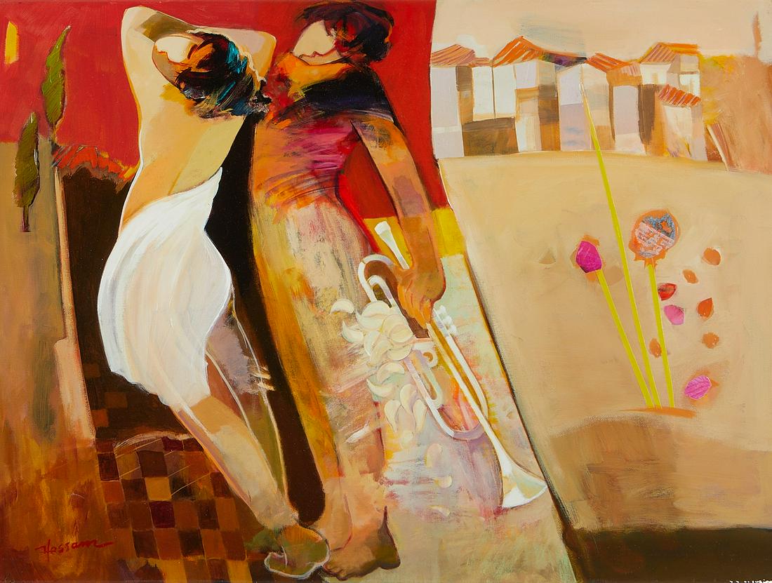 Hessam Abrishani "The Trumpet" Mixed Media: Hessam Abrishami (Iranian/American, b. 1951). Giclee enhanced with collage and oil on canvas painting titled "The Trumpet," depicting two individuals, one carrying a trumpet, on an abstracte