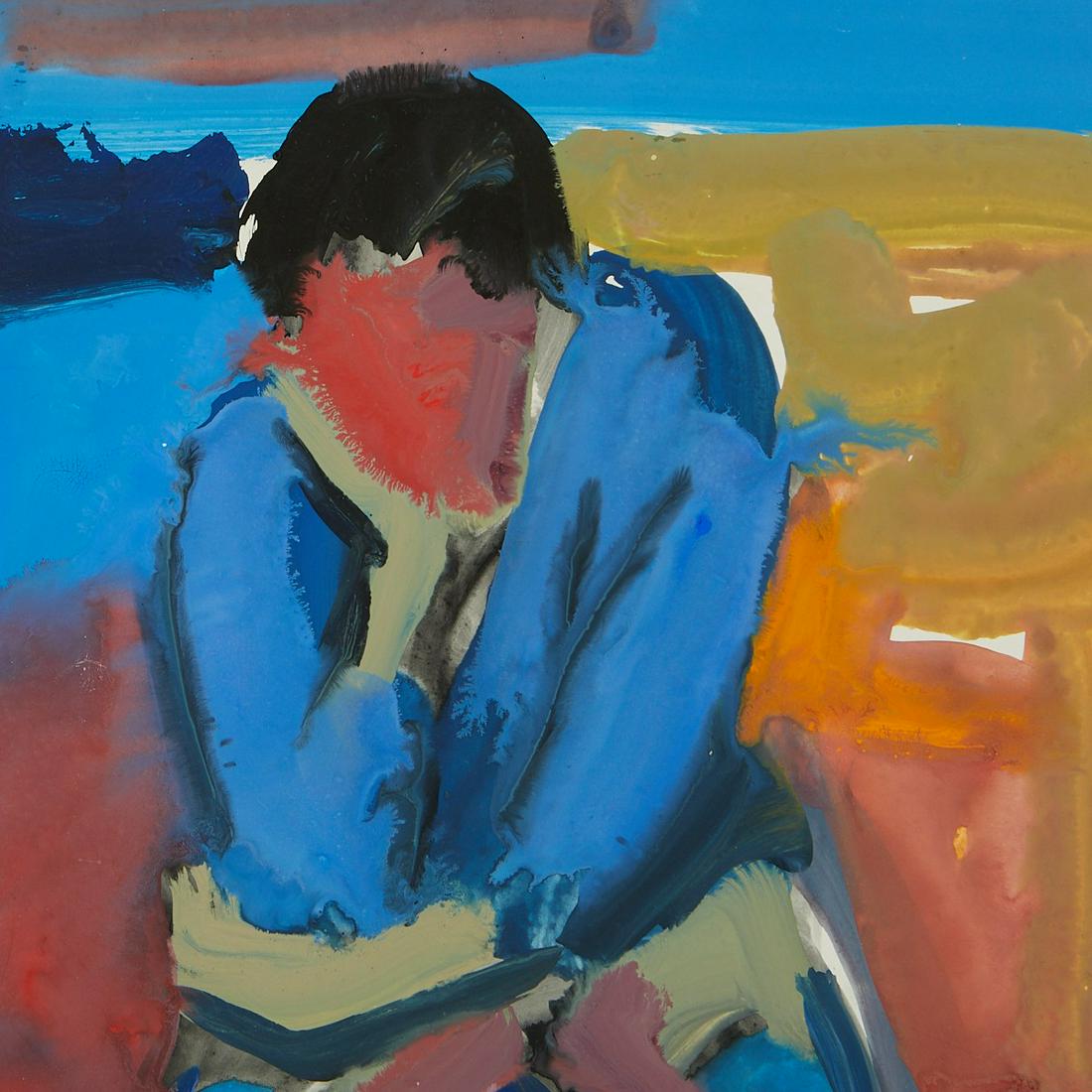 Pierre Ambrogiani "Thinker" Gouache Painting: Pierre Ambrogiani (French, 1907-1985). Gouache on paper painting titled "Thinker," depicting a seated figure with one hand cradling his head, deep in thought, ca. 1970s. In Ambrogiani's typi