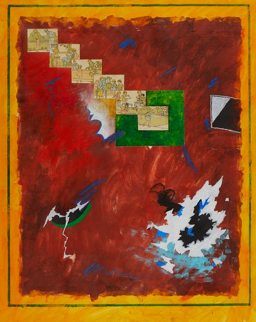 Robert Hudson Mixed Media 1977: Robert H. Hudson (American, b. 1938). Mixed media collage and drawing on paper, 1977. With six illustrated panels along the upper left to center on a red background. Signed and dated along the lower c