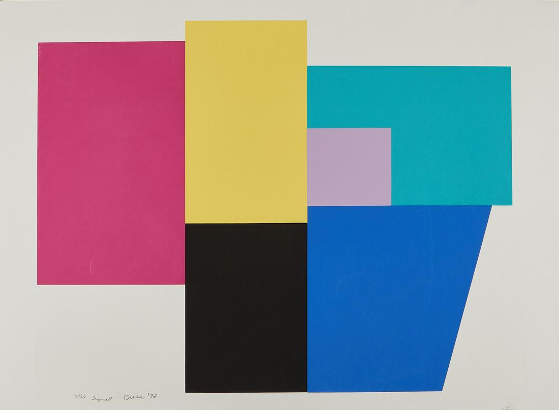 Peter Busa "Signal' Serigraph 1978: Peter Busa (American, 1914-1985). Serigraph on paper titled "Signal," depicting a Bauhaus-esque composition of pink, yellow, black, and blues. Pencil signed, titled, numbered 7/25, and dated