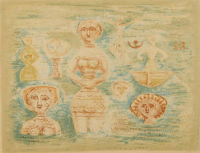 Massimo Campigli "Le Bagnati" Lithograph: Massimo Campigli (Italian, 1895-1971). Lithograph titled "Le Bagnati," depicting swimmers submerged in water, 1955. Pencil signed and dated along the lower right; numbered 134/175 along the