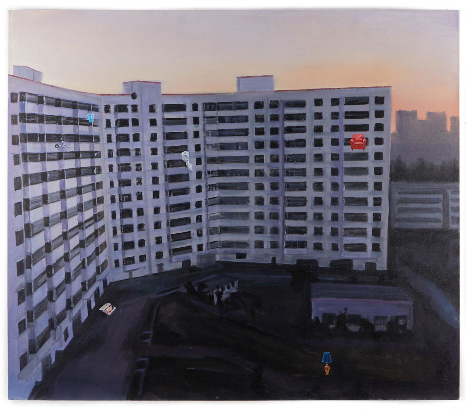 Zeng Hao "Building 117 Huajadi Oct. 2004" Painting: Zeng Hao (Chinese, b.1963). Oil on canvas painting titled "Building 117, Huajadi, Oct. 27th, 2004," depicting a building at sunset interspersed with brightly colored objects, 2004. Signed al