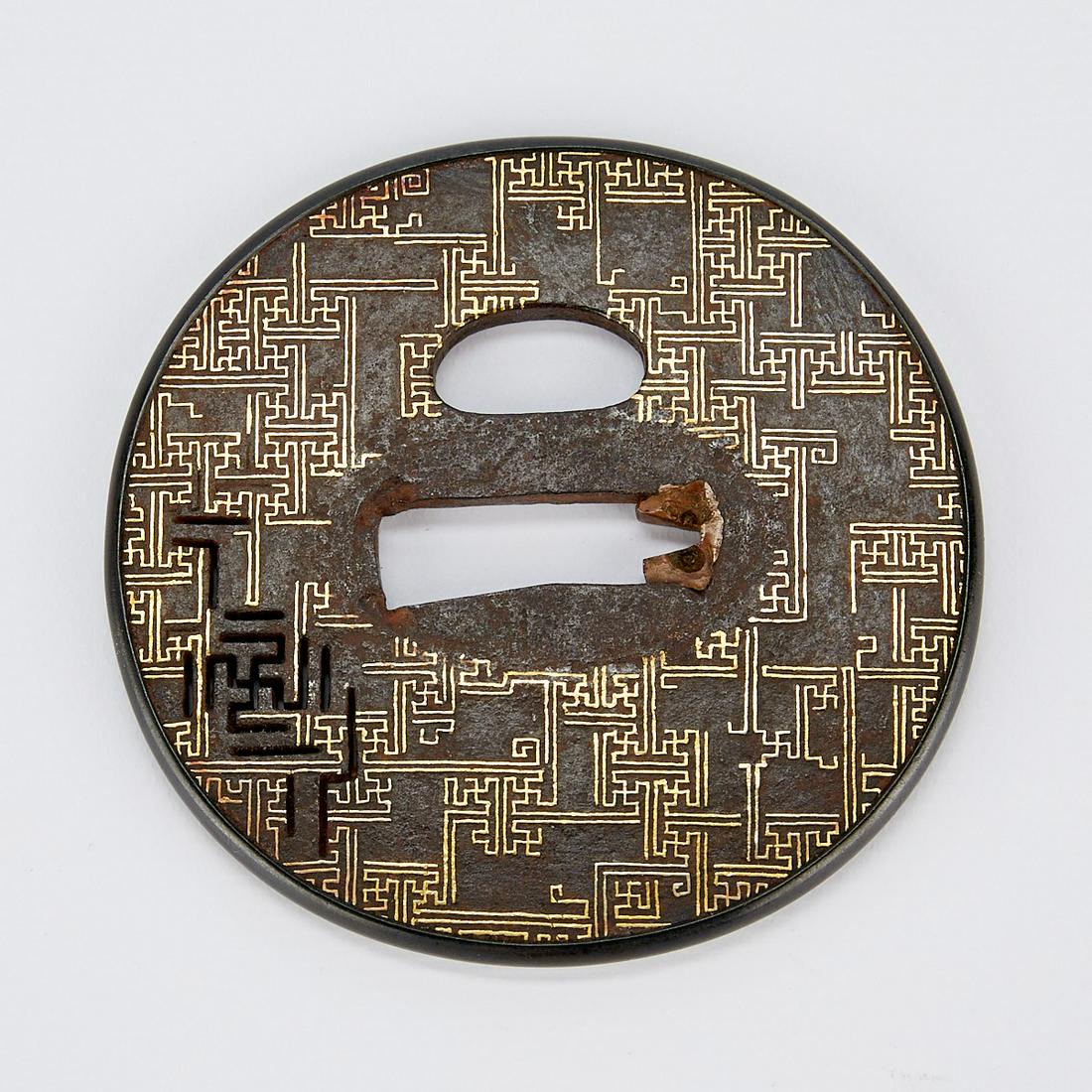 Japanese Iron Tsuba Sword Guard w/ Gold Inlay (1 of 5)