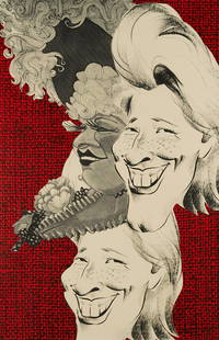 Meyer Vaisman Summer Suite Silkscreen 1989: Meyer Vaisman (Venezuelan, b. 1960). Silkscreen on paper artwork from the &quot;Summer Suite,&quot; 1989, depicting caricatures against a red background. Pencil dated and inscribed A.P. (Artist Proof)