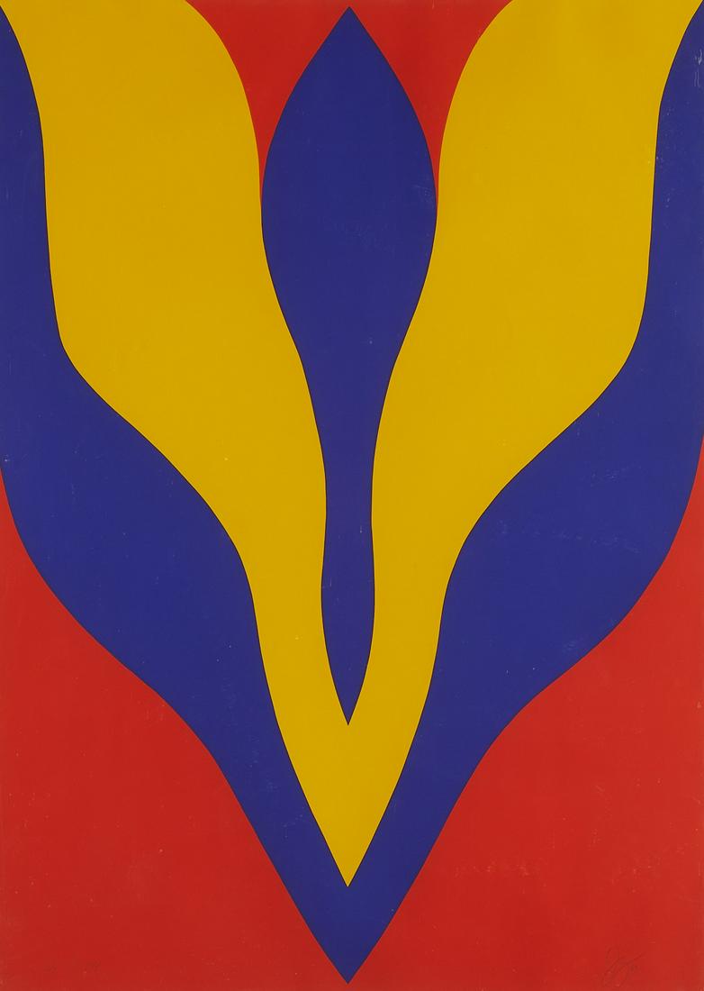 Jack Youngerman "New School" Silkscreen 1969: Jack Youngerman (American, 1926-2020). Silkscreen on paper titled "New School," depicting a geometric abstraction in red, yellow, and blue, 1969. Pencil signed along the lower right; numbere