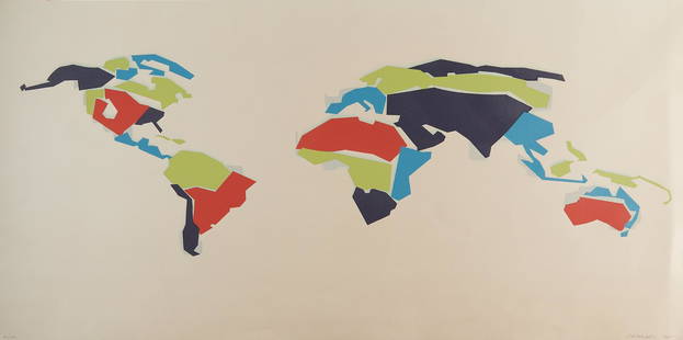 Suzanne Caporael "Arbitrary World" Mixed Media: Suzanne Caporael (American, b. 1949). Lithograph and stencil print titled "Arbitrary World" depicting a color-blocked abstract map of the world, 2007. Pencil signed and dated along the lower