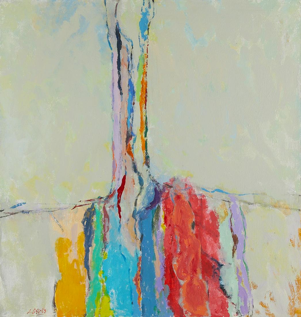 Arthur Osver "Equinox" Oil On Canvas: Arthur Osver (American, 1912-2006). Oil on canvas painting titled "Equinox" depicting a colorful abstract composition. Signed along the lower left. Signed, titled, and dated along the verso.