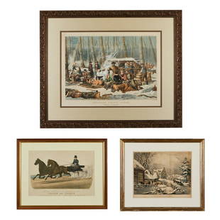 Group of 3 Currier & Ives Prints: Currier and Ives, United States. Group of three lithographs including:Arthur Fitzwilliam Tait (American/British, 1819-1905). &quot;American Forest Scene: Maple Sugaring,&quot; 1856.Literature: Gale Re