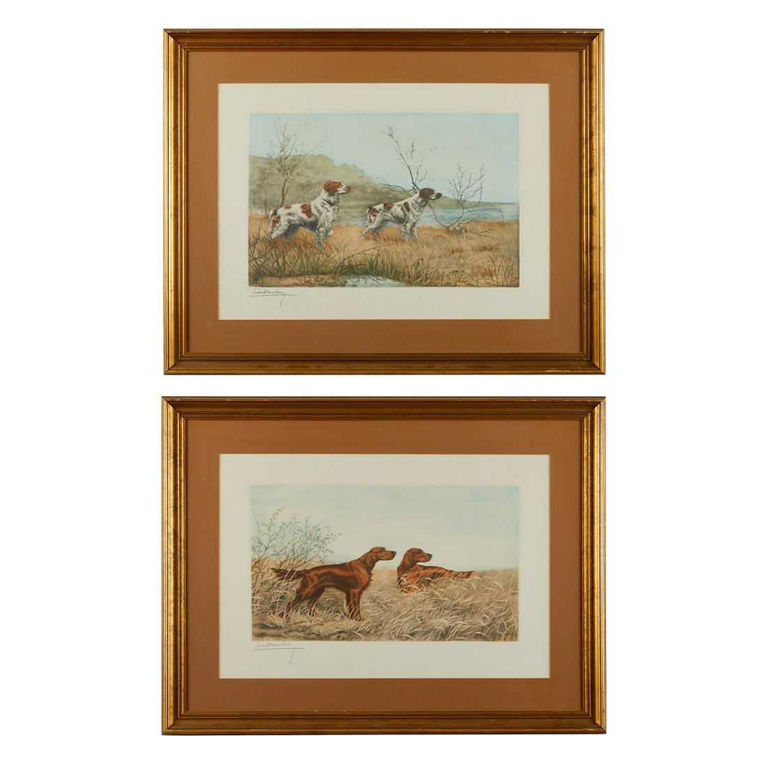 Group of 2 Leon Danchin Hunting Dog Etchings: Leon Danchin (French, 1887-1938). Group of two color etchings depicting hunting dogs including one pair of English Setters and one pair of Irish Setters. Each pencil signed along the lower left.Proven