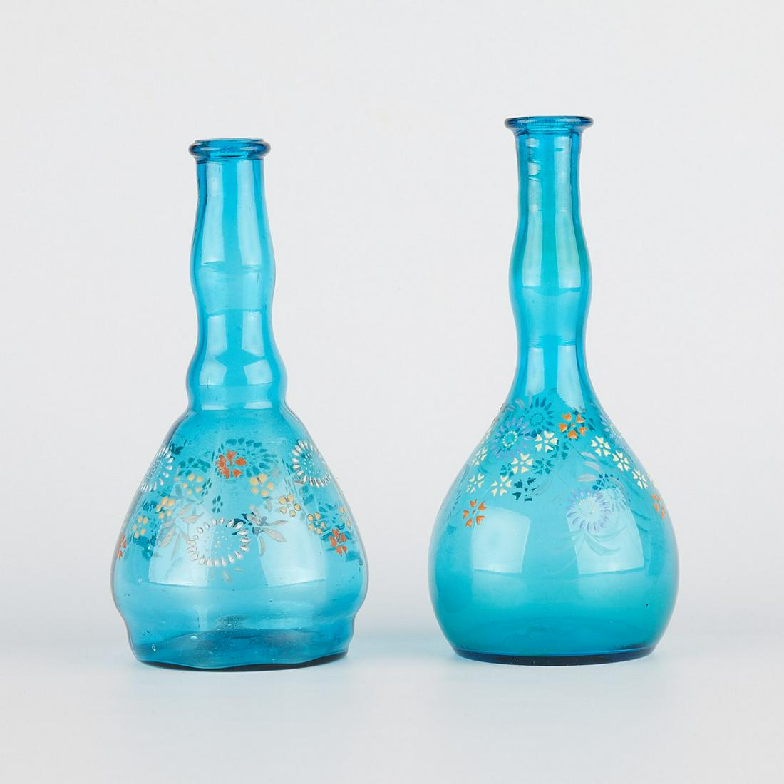 Pair of Teal Glass Barber Bottles w/ Enamel (1 of 5)