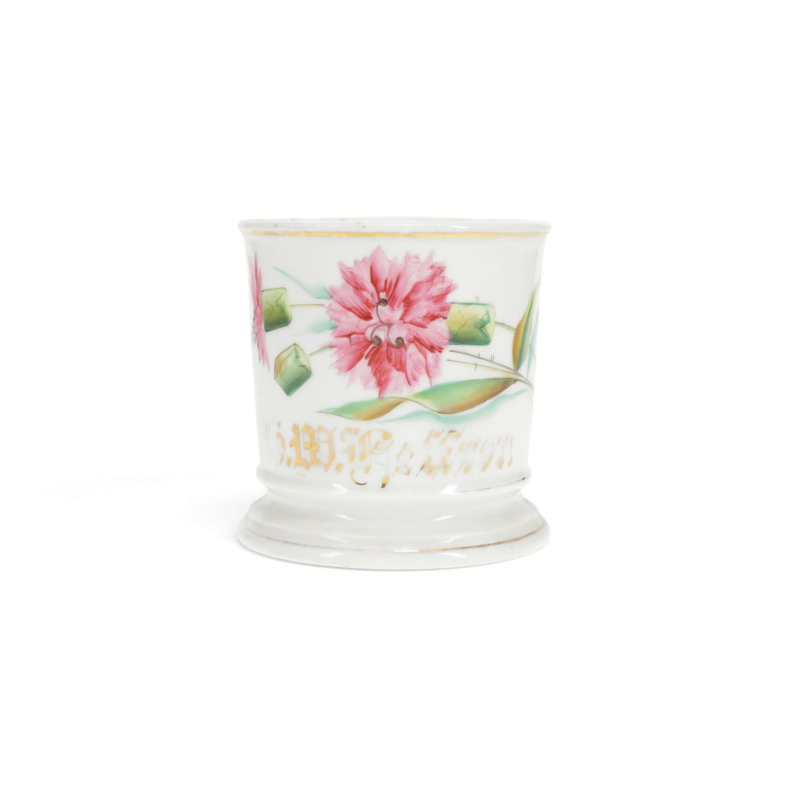 T&V Limoges France Vintage Porcelain Shaving Mug: T&V, Limoges, France. Vintage antique porcelain shaving mug. Decorated with a spray of blooming pink flowers. The name G.M. Heffron written in gold below the flowers. Stamped T&V Limoges France in gre