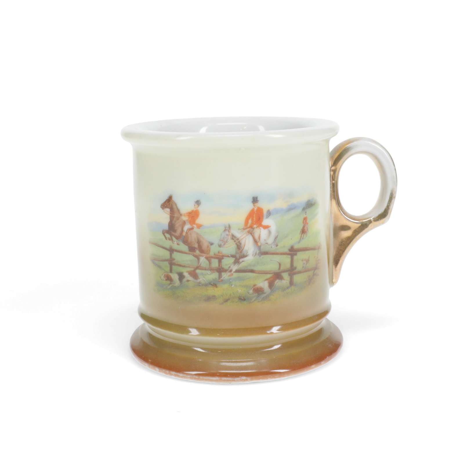 Vintage Antique Porcelain Shaving Mug - Fox Hunt: Vintage antique porcelain shaving mug depicting a fox hunt. Illegibly marked along the underside in orange-red. With gold trim along the handle. Height: 3 3/4 in x diameter (without handle): 3 1/2 in.