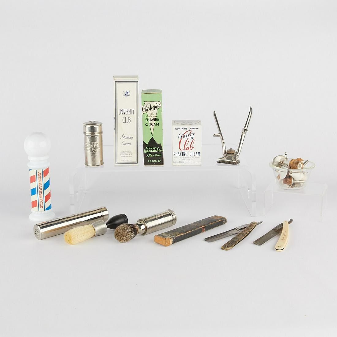 Group of Miscellaneous Barbershop Ephemera: Group of miscellaneous barbershop ephemera. One empty box of College Club Shaving Cream, one empty box of University Club Shaving Cream, one empty box of Chesterfield Shaving Cream. One Avon barber po