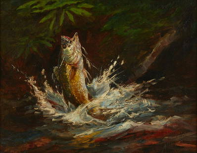 Charles Mielatz Painting of Bass: Charles Frederick William Mielatz (American, 1864-1919). Oil on canvas painting titled "Oswego Bass, Calousahatchie River, Fla (Florida)" depicting a leaping fish, 1893. Signed along the low