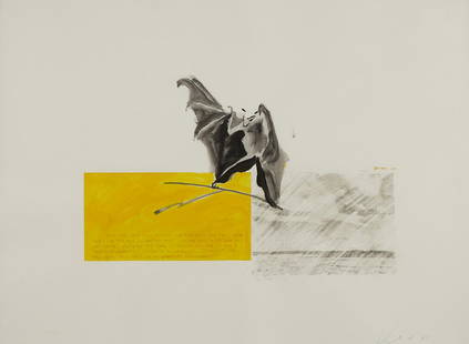 Vernon Fisher "Going to Far" Mixed Media 1981: Vernon Fisher (American, b. 1943). Mixed media on paper artwork titled &quot;Going to Far&quot; depicting a bat with a quote behind a square of yellow, 1981. Pencil signed and dated along the lower ri