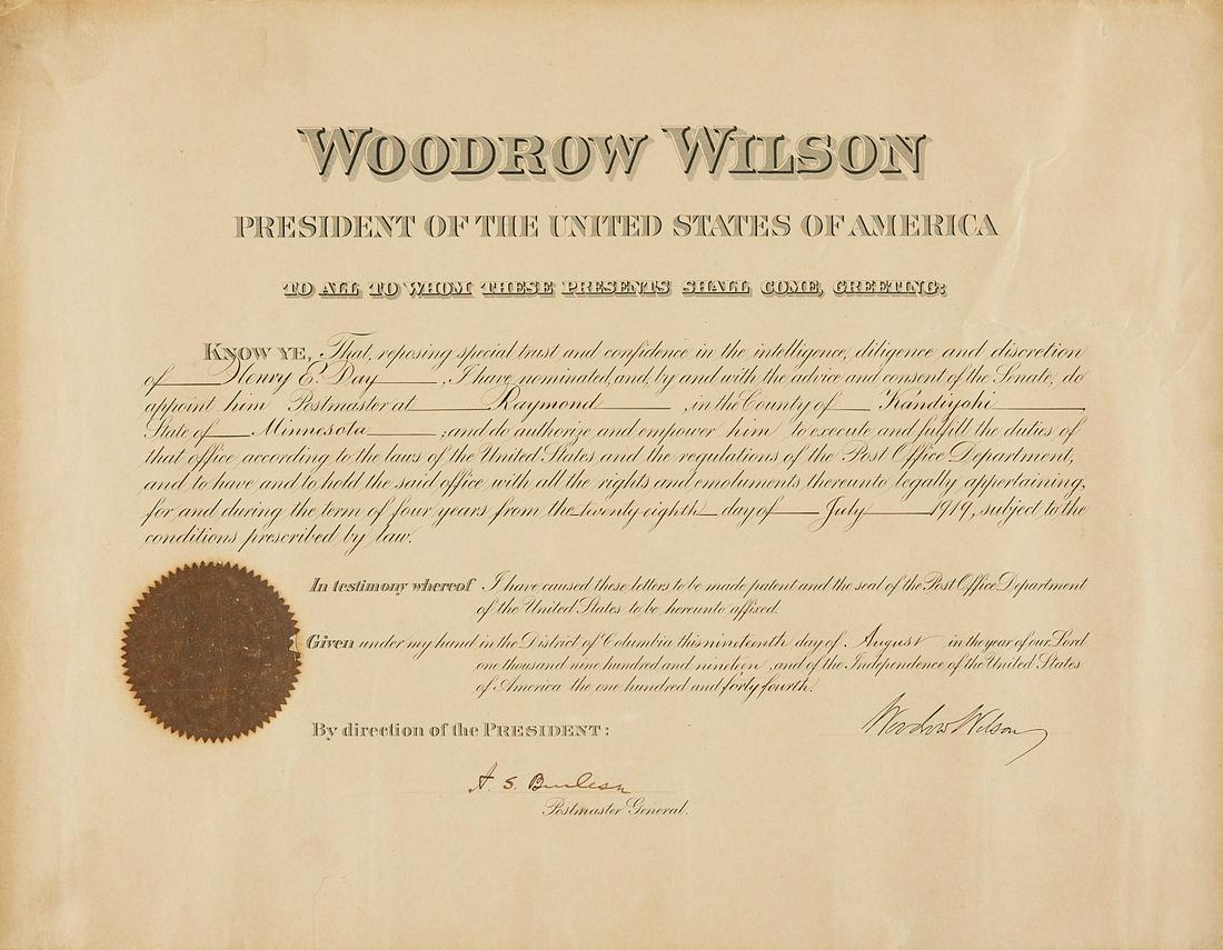 Postmaster Document Signed by Woodrow Wilson (1 of 8)