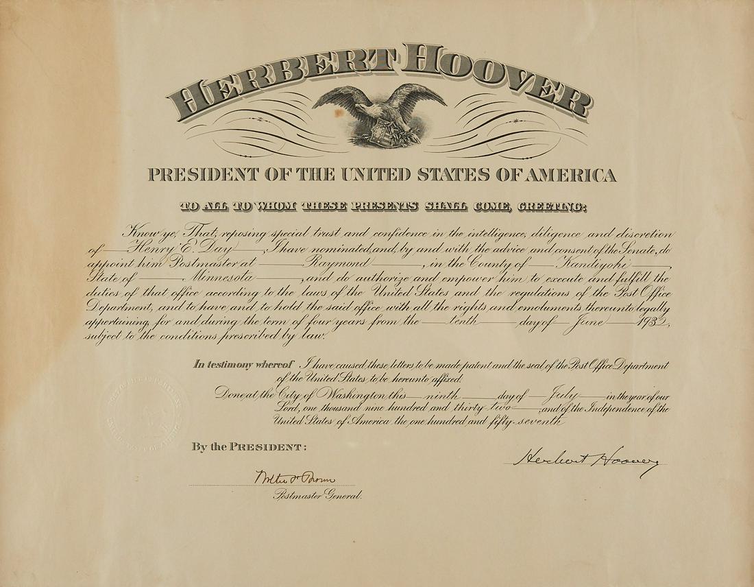 Postmaster Document Signed by Herbert Hoover (1 of 7)