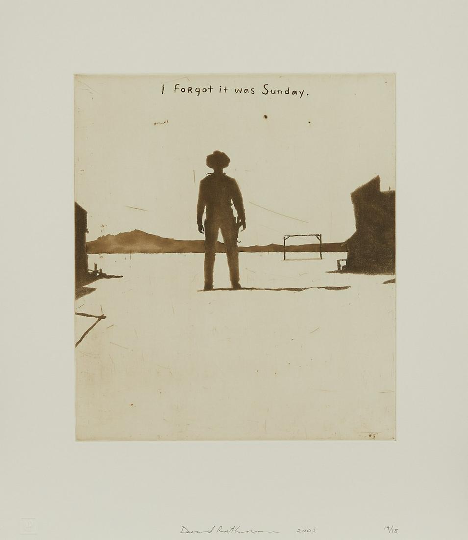 David Rathman "I Forgot It Was Sunday" Etching: David Rathman (American, b. 1958). Etching and aquatint on paper titled "I Forgot It Was Sunday." Pencil signed and dated 2002 along the bottom edge. Editioned 14/18 along the bottom right e