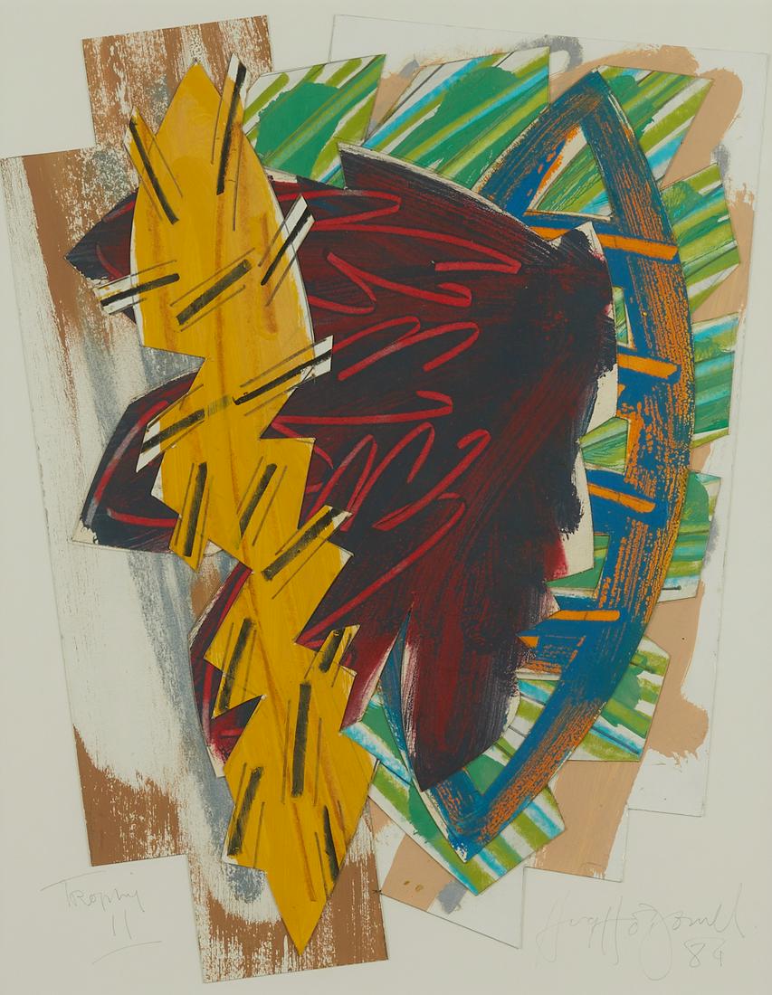 Hugh O'Donnell "Trophy II" Collage: Hugh O'Donnell (British, b. 1950). Oil, pastel, and printed paper collage on paper titled "Trophy lI" depicting an energetic geometric scene with yellow, red, green, and blue figures. Pencil