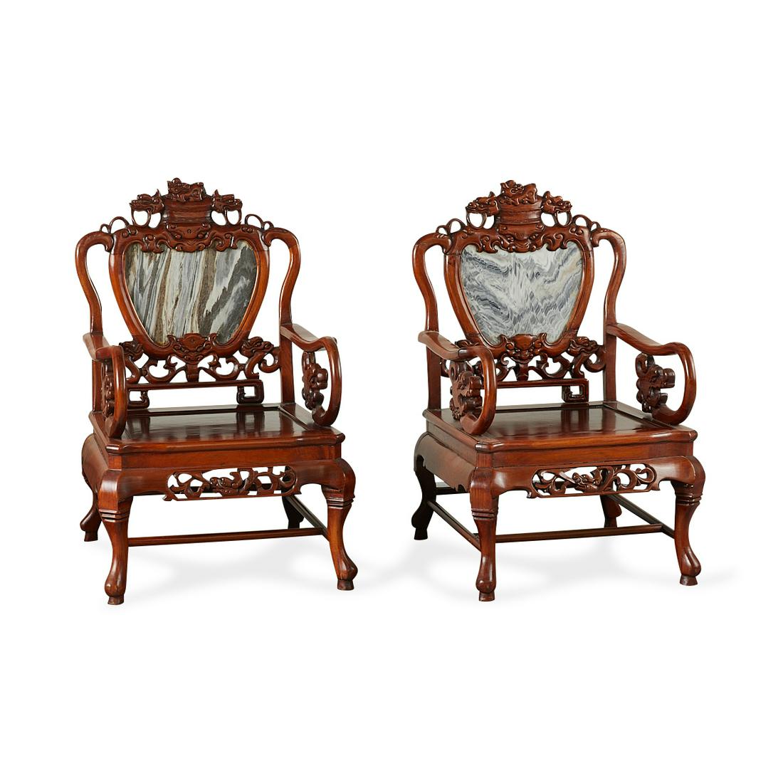 Pr Chinese Anglo Export Armchairs w/ Marble Inset (1 of 16)