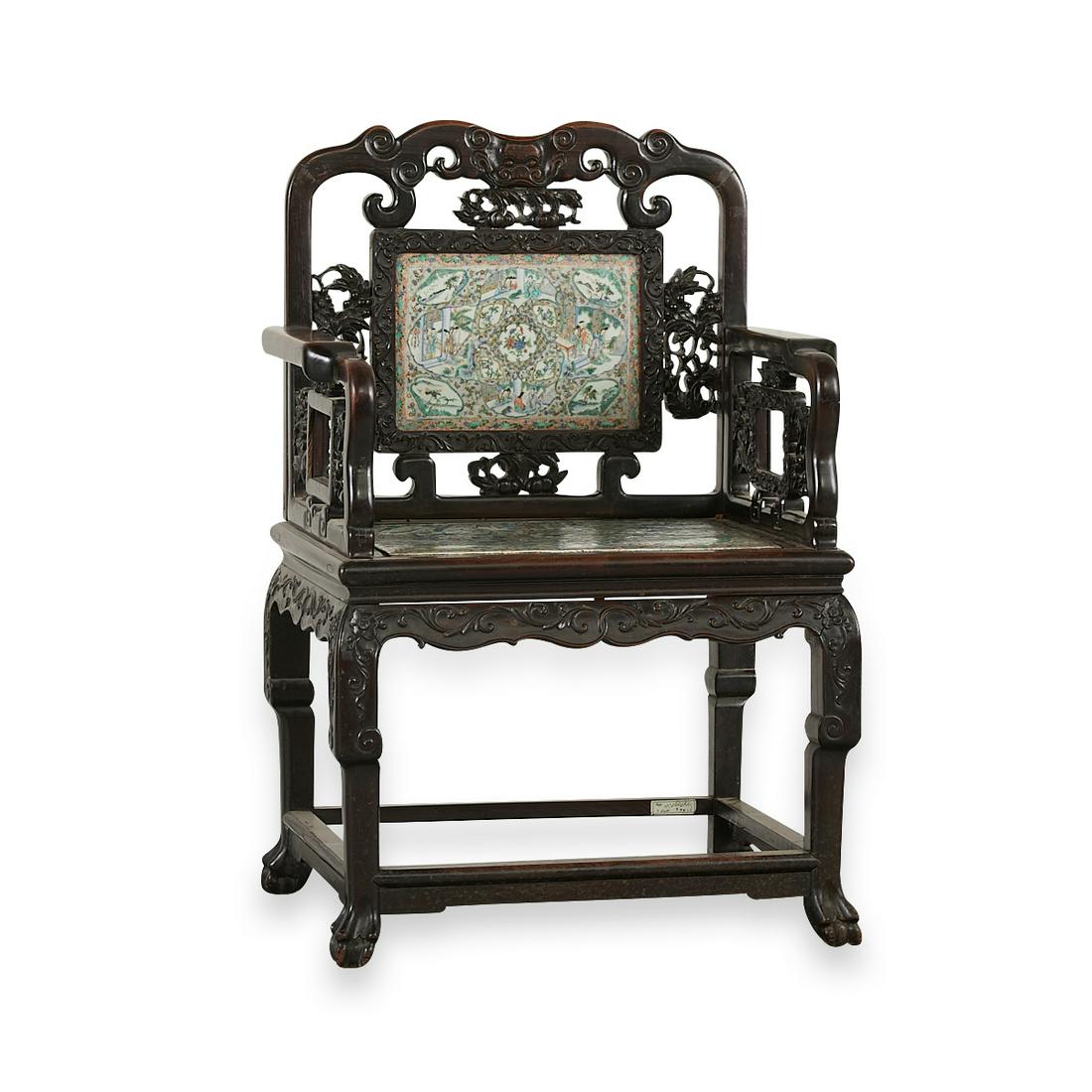 19th c. Chinese Chair w/ Famille Verte Porcelain (1 of 17)