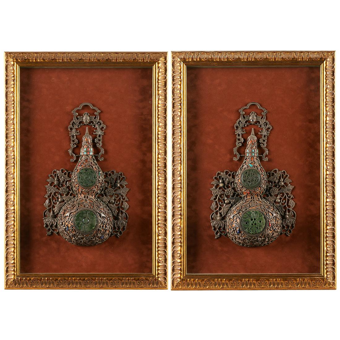 Pair Chinese Double Gourd Jade & Silver Vases (1 of 19)