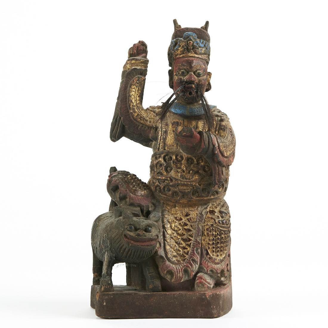 Early Carved Chinese Painted Deity w/ Foo Lion (1 of 6)