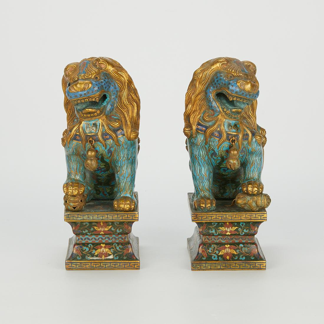 Pair Chinese Cloisonne Foo Dogs Lions (1 of 9)