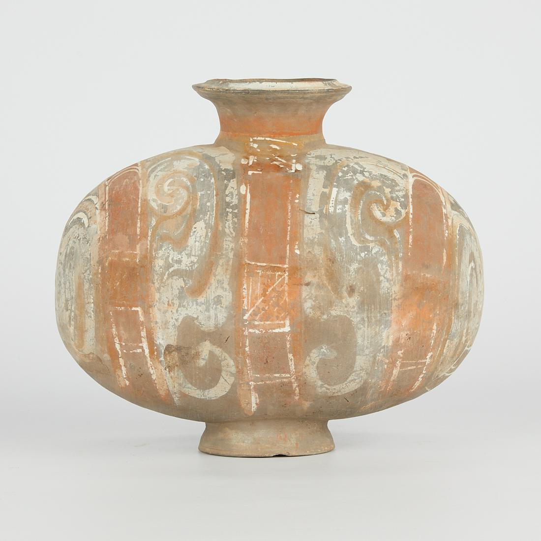 Chinese Han Dynasty Mingqi Cocoon Vase: Chinese Han dynasty mingqi funerary earthenware cocoon or "duck-egg" vase. Of ovoid form and resting a short, flared trumpet footrim with an everted neck. White slip with cold-painted pigmen