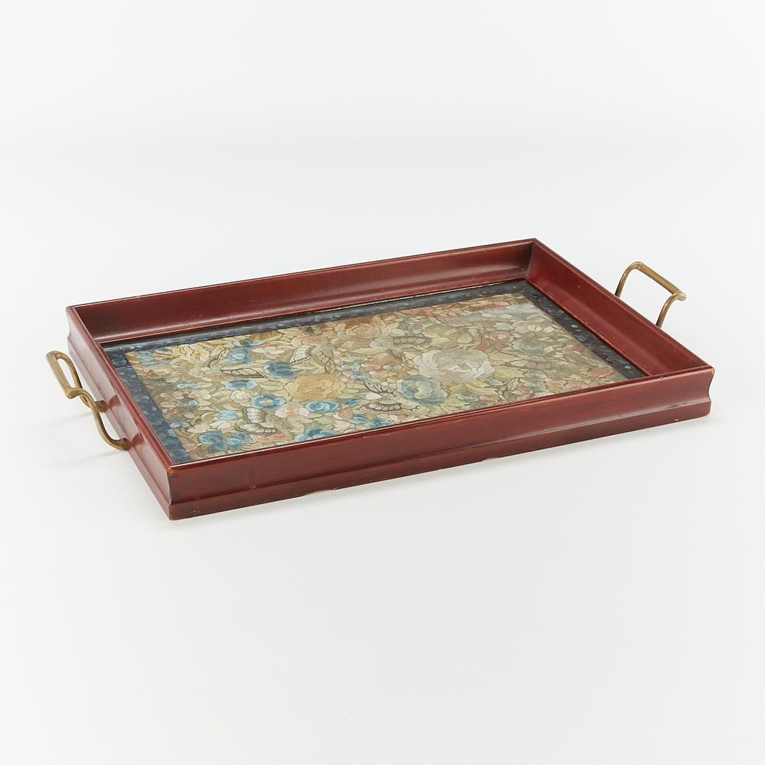 Chinese Silk Embroidery with Tray: Chinese silk embroidery panel depicting intricately detailed butterflies among flowers and foliage. Bordered with dark blue flowers and butterflies. Housed within a wooden tray and framed under glass.