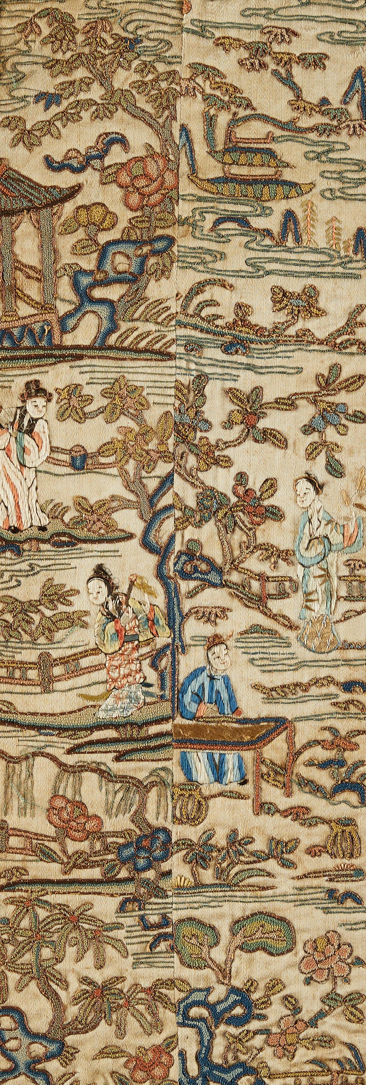 Chinese Embroidered Silk Robe Cuffs: Chinese silk embroidery robe cuffs depicting figures in a garden. Split in half, each side depicts different areas of the same scene. Unframed; height: 21 in x width: 9 in. Mounted; height: 22 in x wi