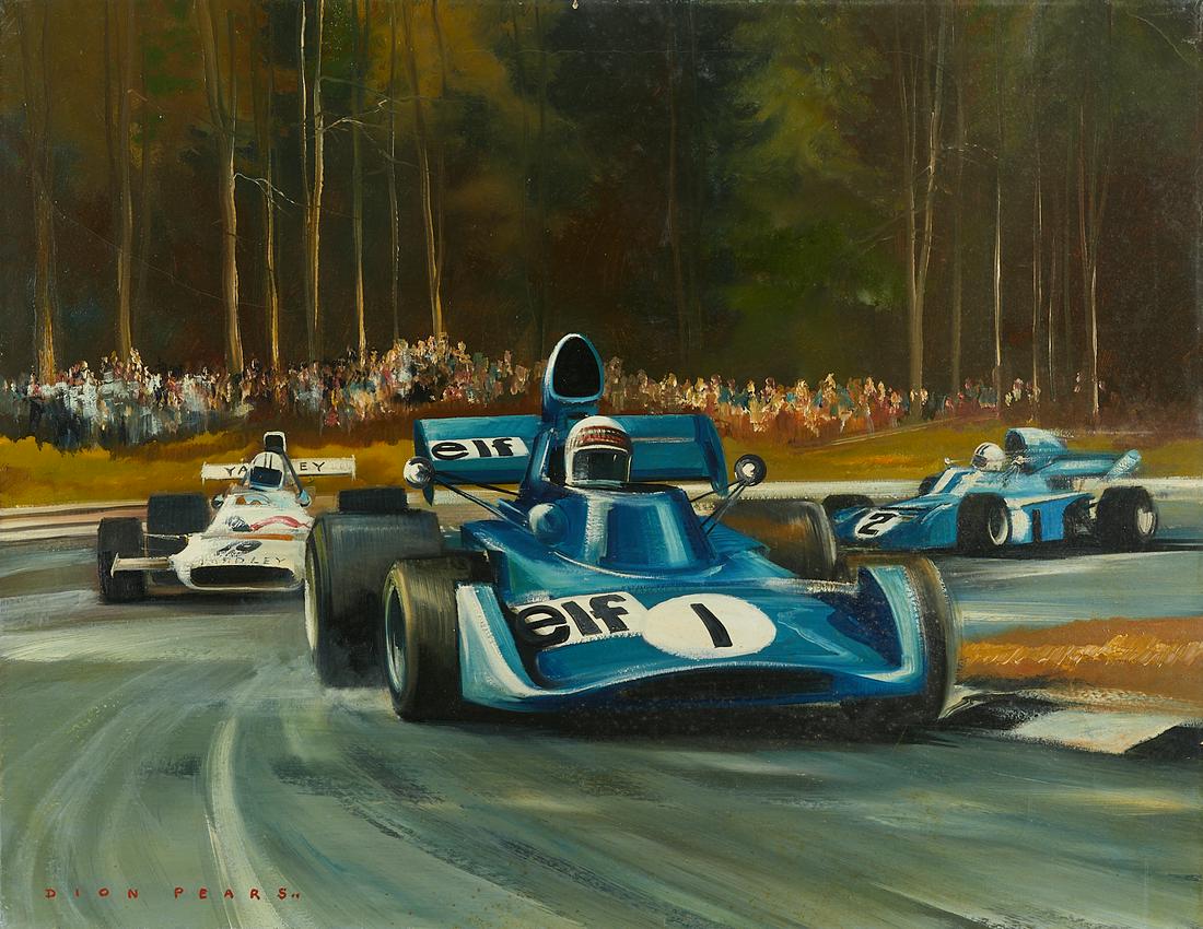 Dion Pears Formula One Race Painting: Dion Pears (British, 1929-1985). Oil on canvas painting depicting three Formula One cars engaging in a race. The cars are backed by a crowd of fans in front of a large forest. Signed along the lower l