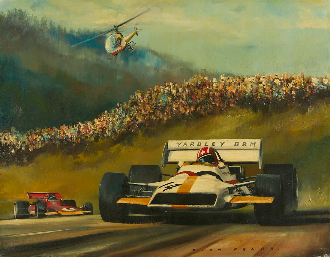 Dion Pears Formula One Race Painting 1971: Dion Pears (British, 1929-1985). Oil on canvas painting titled "Austrian Grand Prix" depicting two formula one race, 1971. There is a large crowd of people behind the race track while a helicopter hov