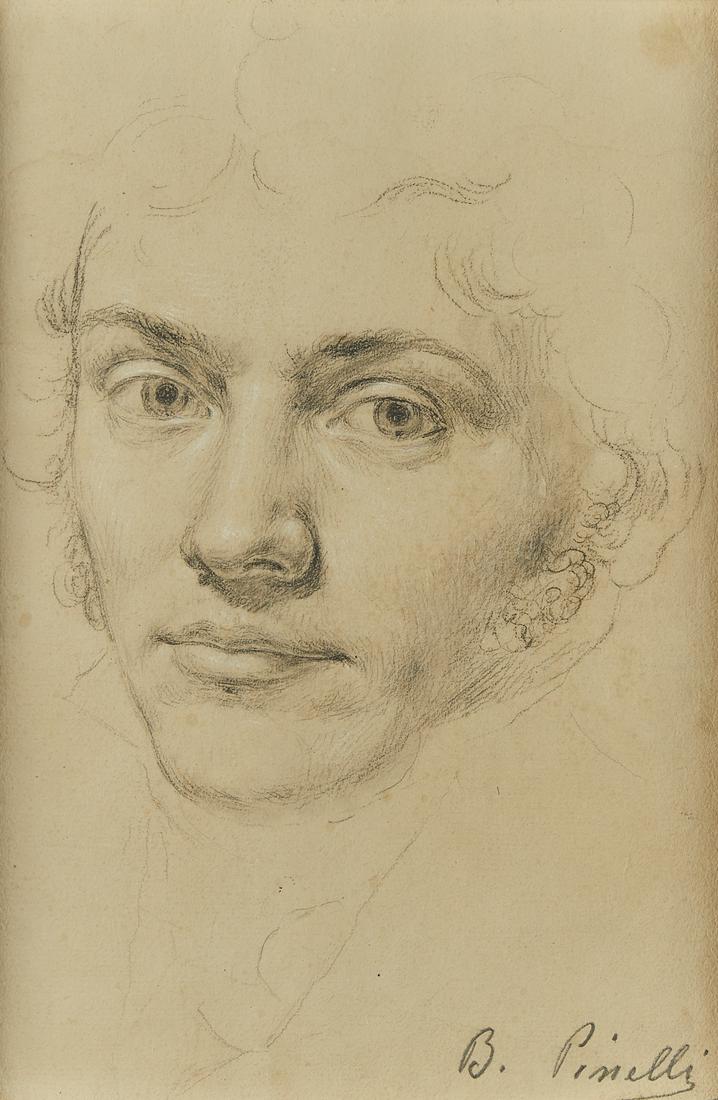 Bartolomeo Pinelli Graphite Portrait Drawing: Bartolomeo Pinelli (Italian, 1771-1835). Graphite on paper drawing or sketch depicting a portrait of a charming young man. Pencil signed along the lower right.Sight; height: 12 in x width: 8 1/2 in. F