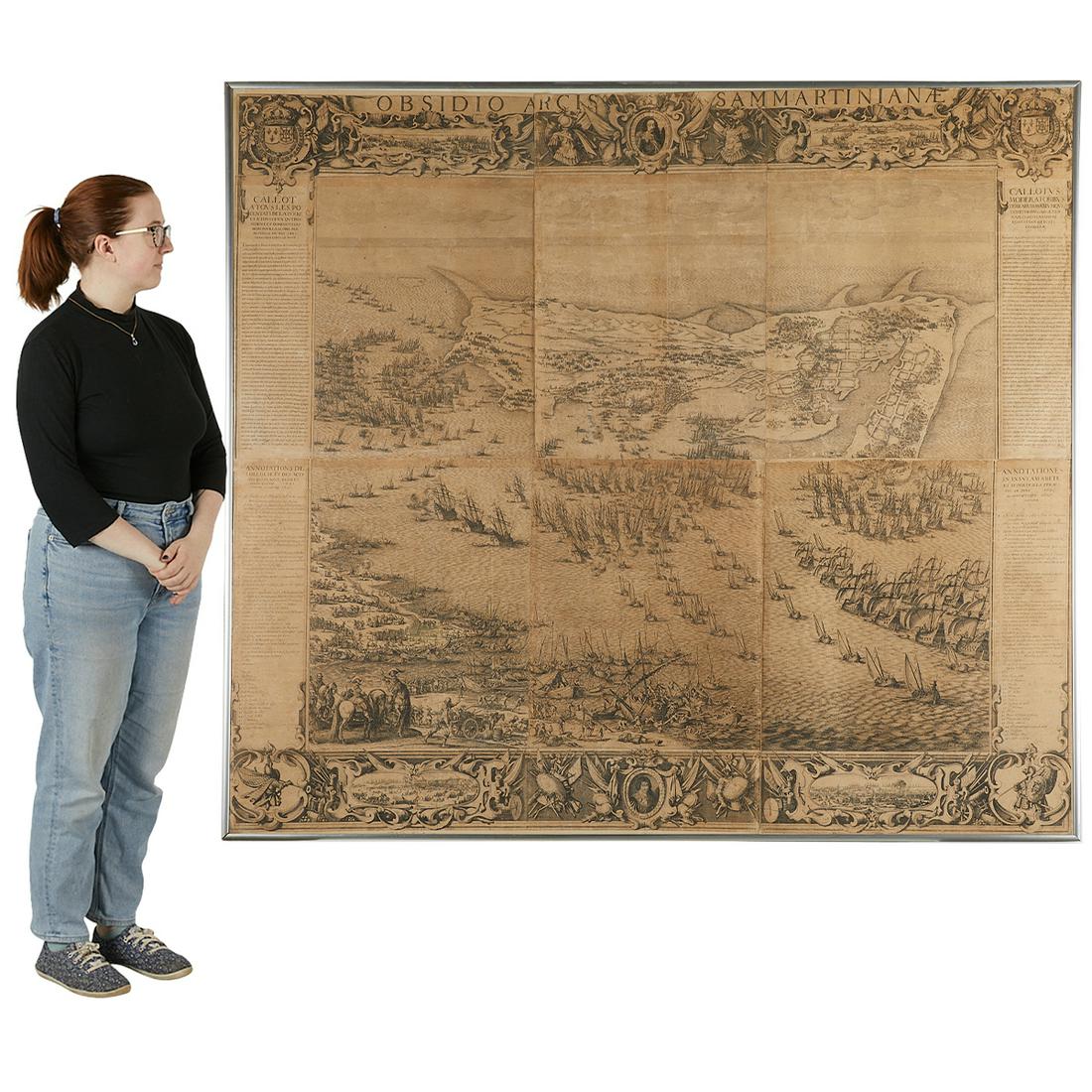 Lrg Callot "Obsidio Arcis Sammartianianae" Prints: Jacques Callot (French, 1592-1635) with Abraham Bosse (French, 1604-1676) and Michel Lasne (French, 1590-1667). Large etching titled "Obsidio Arcis Sammartianianae" depicting the naval siege of the is