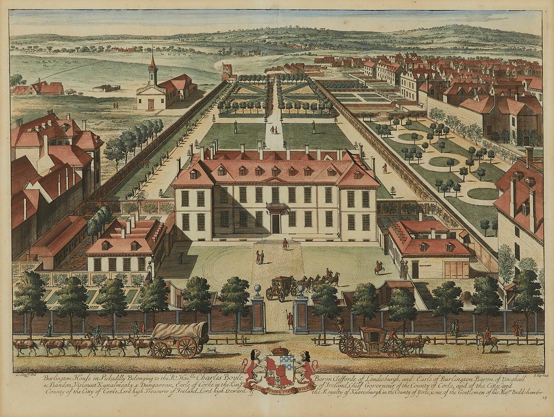 Kip after Knyff Burlington House London Print: Johannes Kip (Dutch, 1653-1722) after a painting by Leonard Knyff (Dutch 1650-1722). Engraving depicting a view of Burlington House and surroundings. Burlington House is a building on Piccadilly in Ma