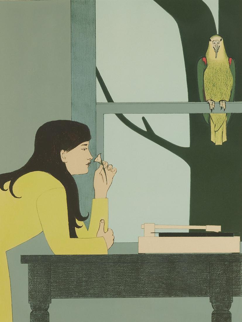 Will Barnet "Silent Season - Spring 1971" Print: Will Barnet (American, 1911-2012). Screenprint on paper titled "Silent Season - Spring 1971" depicting a woman wistfully smelling a flower while a turntable spins a record and a parrot perch