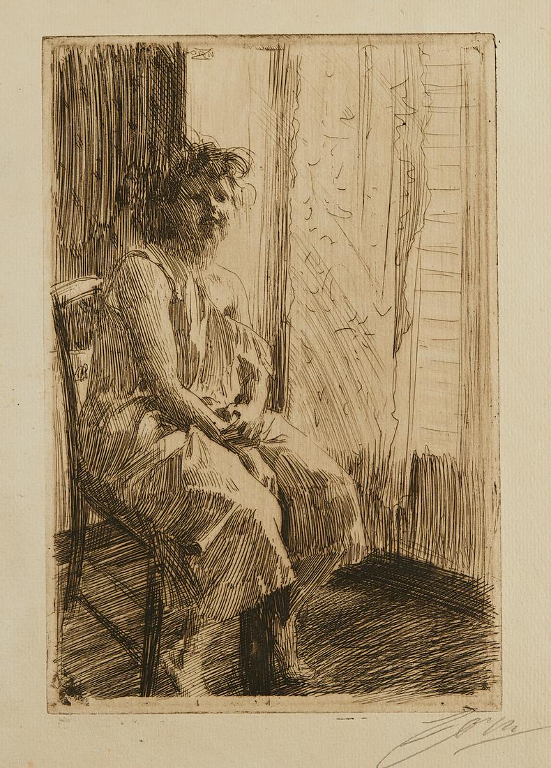 Anders Zorn "Morning/Morgon" Etching 1891: Anders Zorn (Swedish, 1860-1920). Etching on paper titled "Morning," alternatively titled "Morgon," depicting a woman sitting on a chair near a window in an indoor setting, 1891. 3