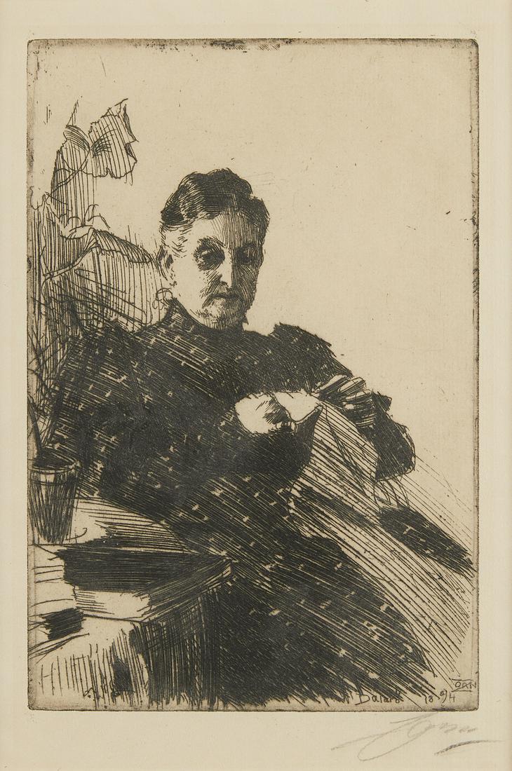 Anders Zorn "Mme Lamm II" Etching 1894: Anders Zorn (Swedish, 1860-1920). Etching on paper titled "Mme Lamm II" depicting an older woman seated next to a side table and sewing, 1894. Pencil signed along the lower right. Signed and