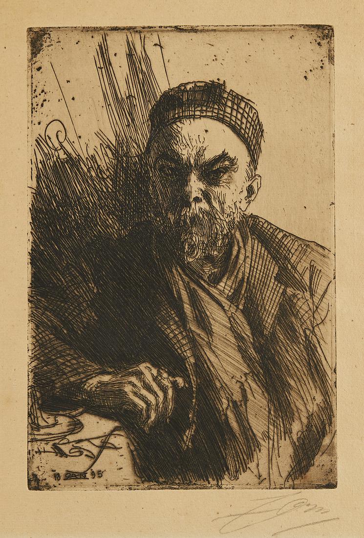 Anders Zorn "Paul Verlaine" Etching 1895: Anders Zorn (Swedish, 1860-1920). Etching on paper titled "Paul Verlaine" either version I or II depicting the top half of the French poet, Paul Marie Verlaine, 1895. According to Asplund, t