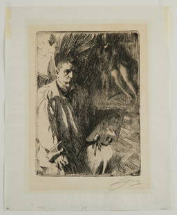 A. Zorn "Self Portrait w/ Model II" Etching 1899: Anders Zorn (Swedish, 1860-1920). Etching on paper titled "Self Portrait with Model II," alternatively titled "Sjalvportratt Med Modell," depicting the artist in a room with a