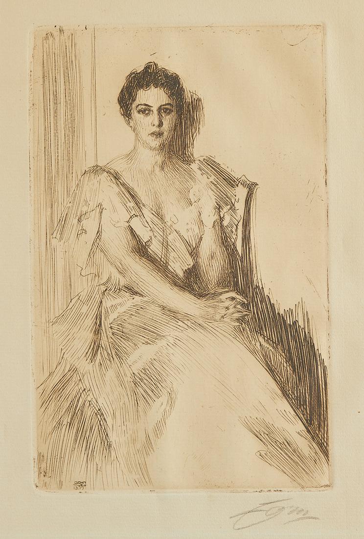 Anders Zorn "Mrs. Cleveland II" Etching 1899: Anders Zorn (Swedish, 1860-1920). Etching on paper titled "Mrs. Cleveland II," depicting a portrait of Mrs. Cleveland, President Grover Cleveland's wife, 1899. The etching was done after an