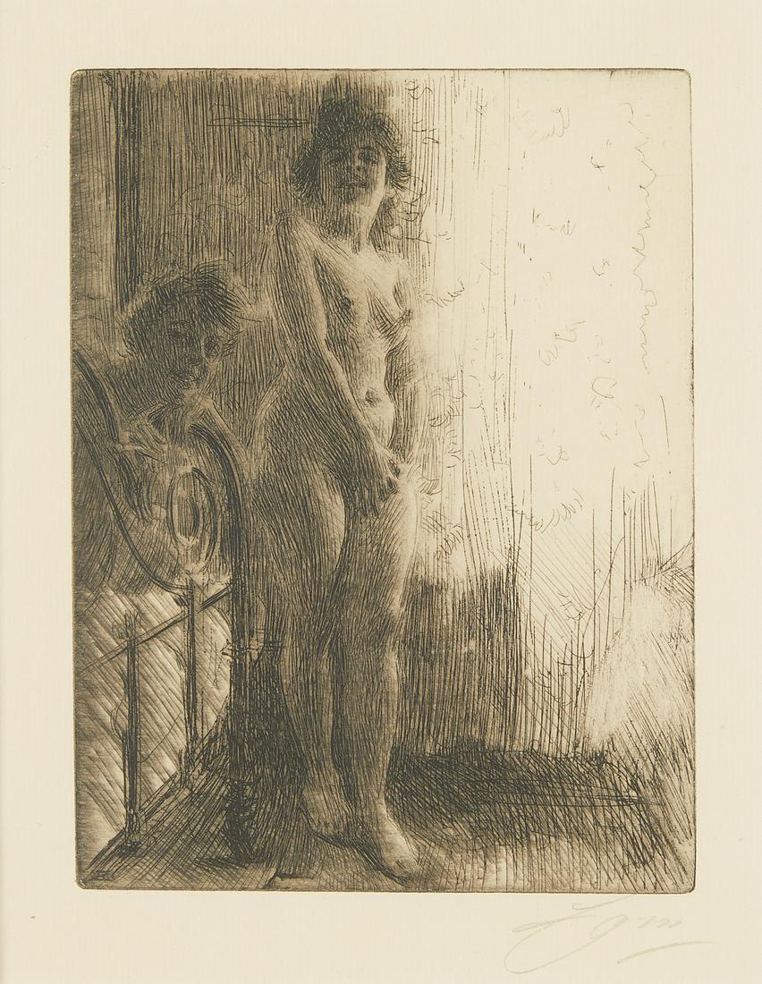 Anders Zorn "A Dark Corner" Etching 1903: Anders Zorn (Swedish, 1860-1920). Etching on paper titled "A Dark Corner," alternatively titled "Models Near a Bed" or "Dunkelt Horn," depicting 2 figures in a bedroom se