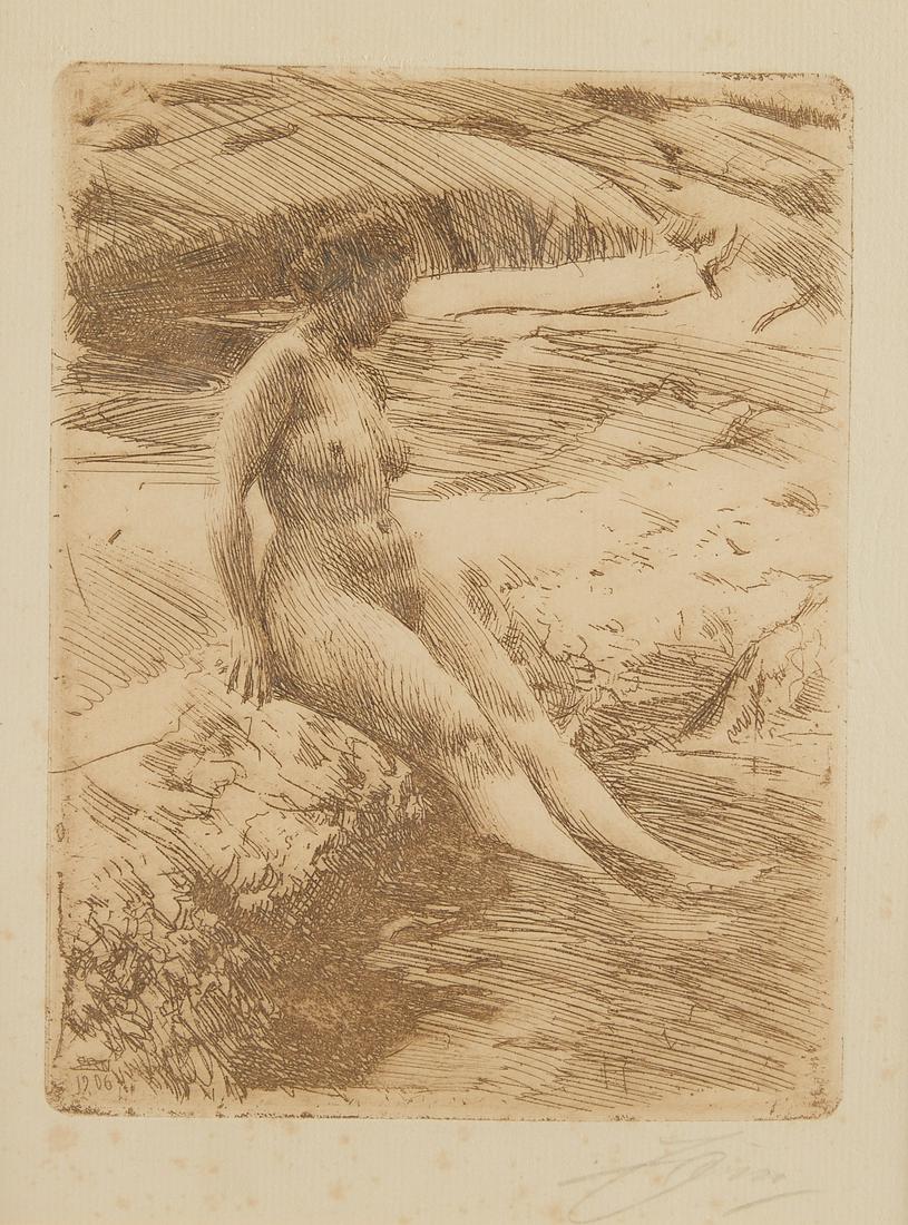 Anders Zorn "Sandhamn" Etching 1906: Anders Zorn (Swedish, 1860-1920). Etching on paper titled "Sandhamn" depicting a nude woman sitting on a coastline with her feet in water, 1906. Pencil signed along the lower right. Signed a